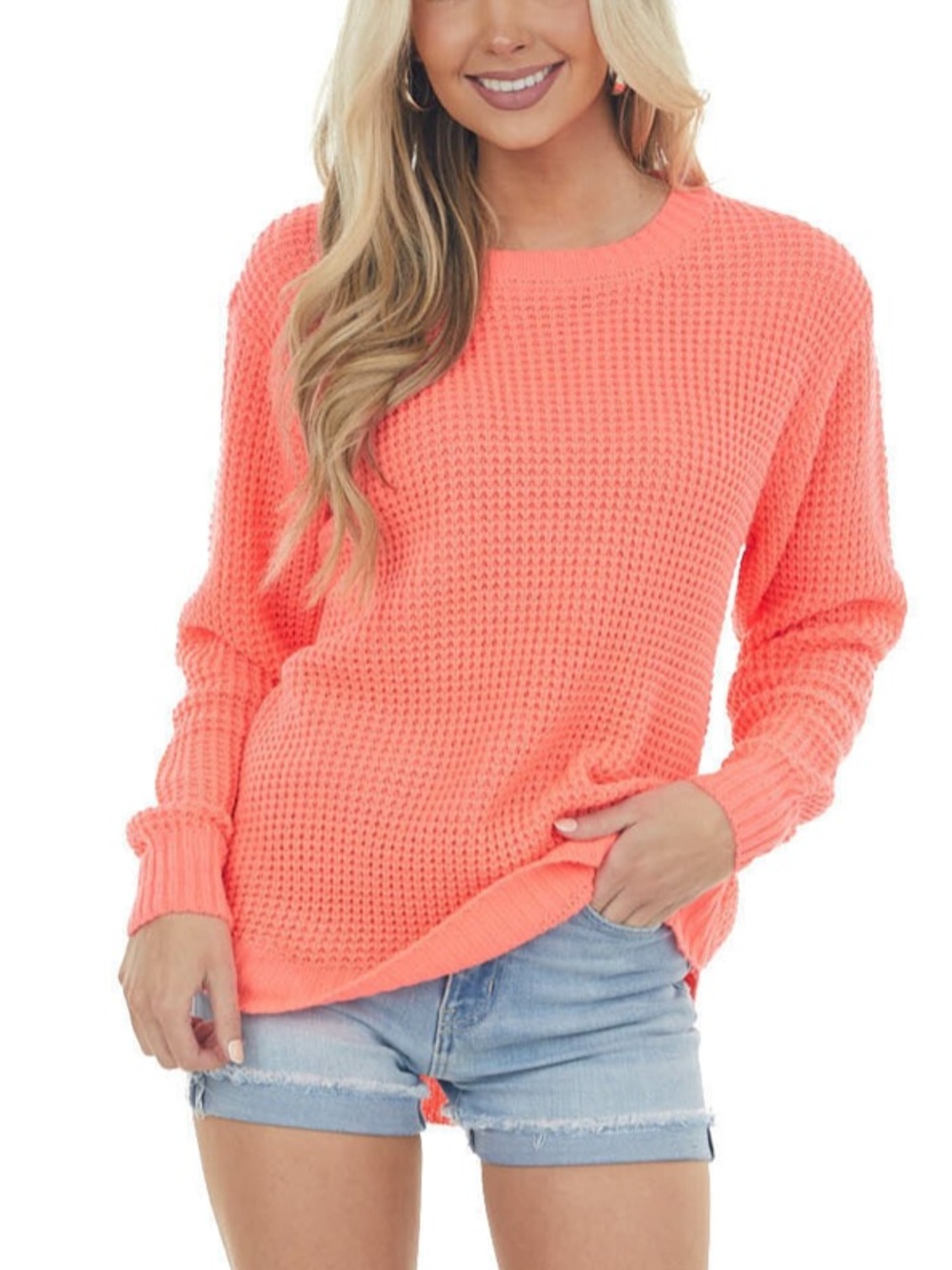 Zenana Waffle Crewneck Sweater - Size S, Neon Orange